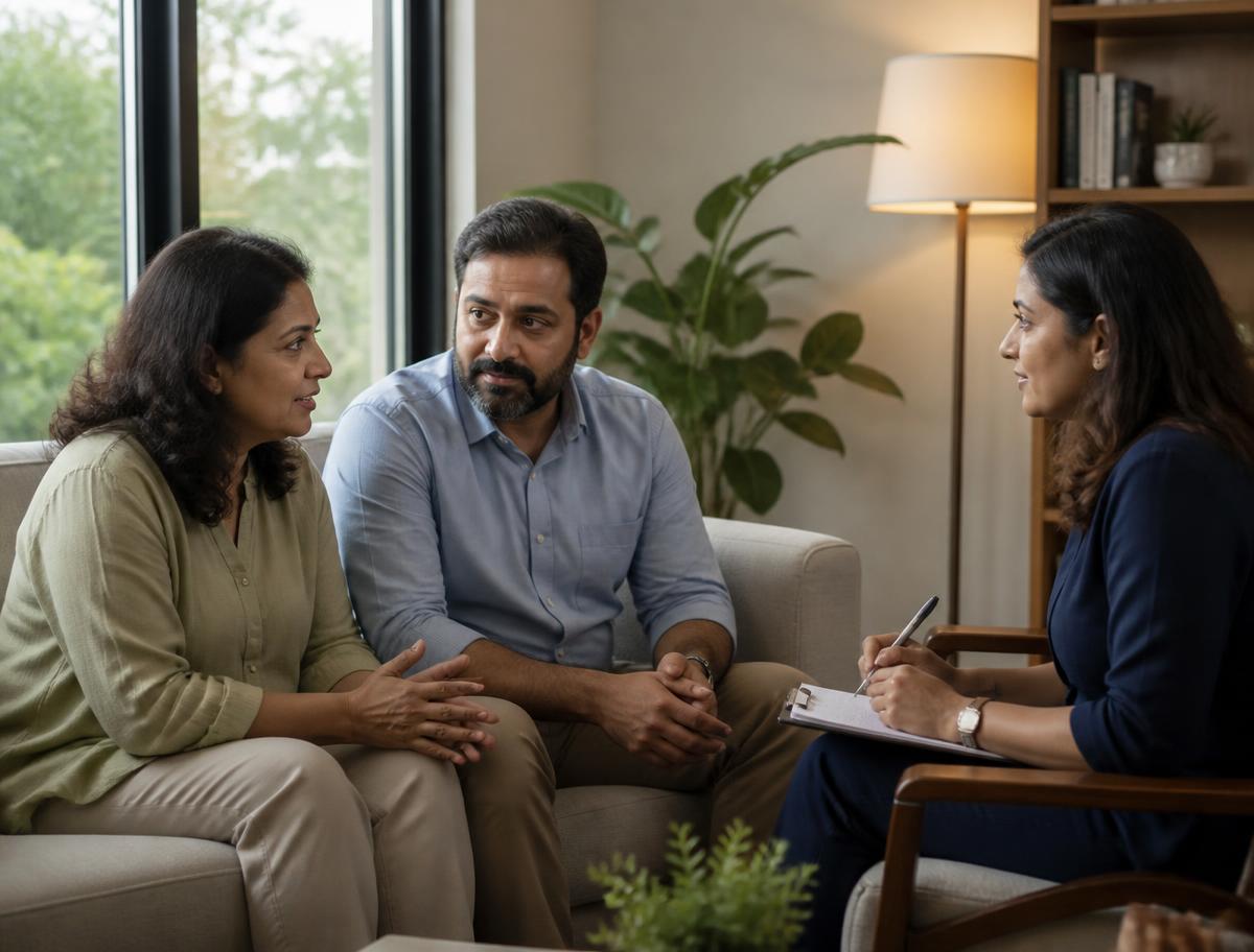 An Indian couple sitting in a room talking to a coach