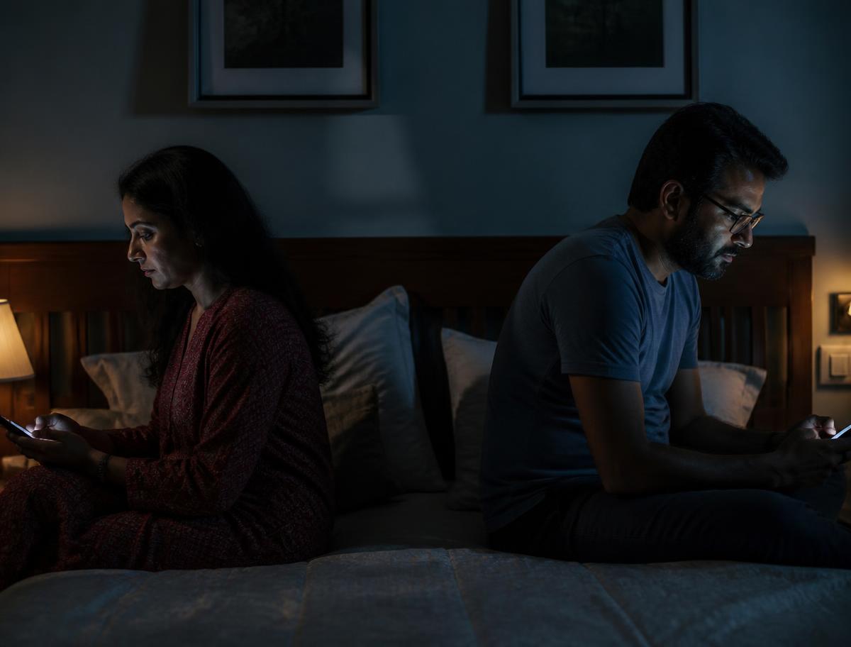 An Indian couple in their forties sitting apart on a bed at night, each looking at a phone