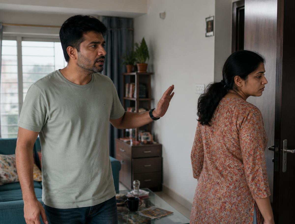 An Indian husband gesturing defensively mid-argument while his wife turns away toward the doorway in their living room