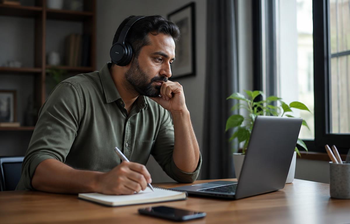 A man wearing headphones working on a laptop