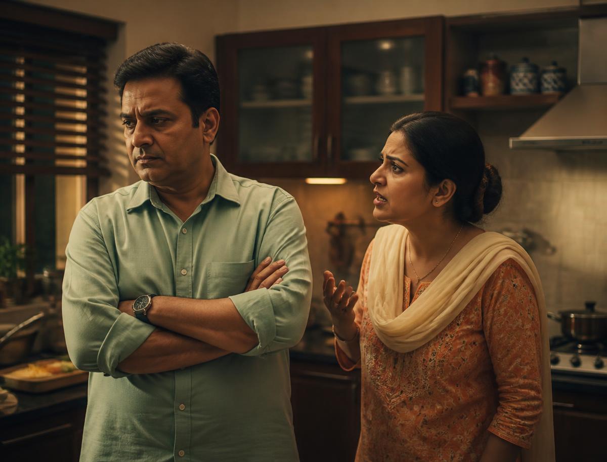 An Indian couple in a kitchen having a heated discussion