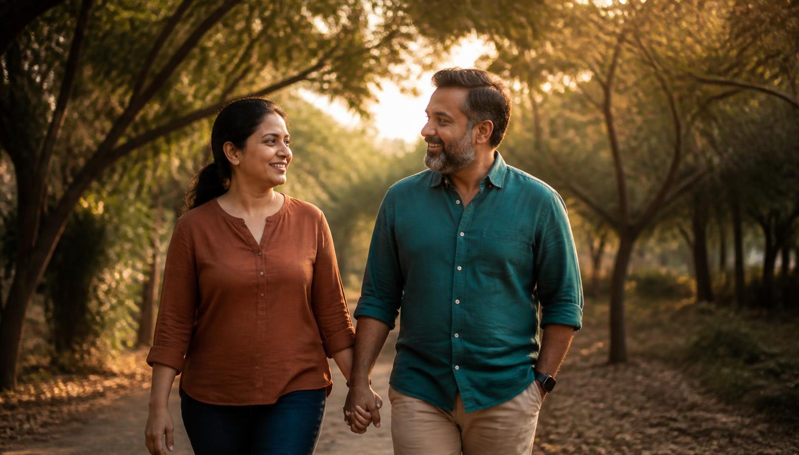 An Indian couple in their forties walking hand in hand on a tree-lined path at golden hour