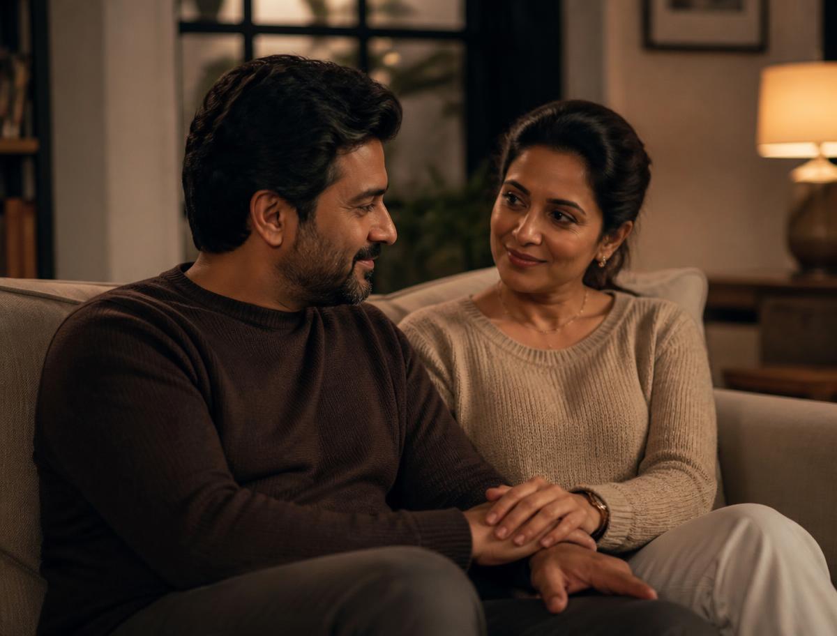 An Indian couple in their forties sitting close on a sofa in warm lamplight after a disagreement