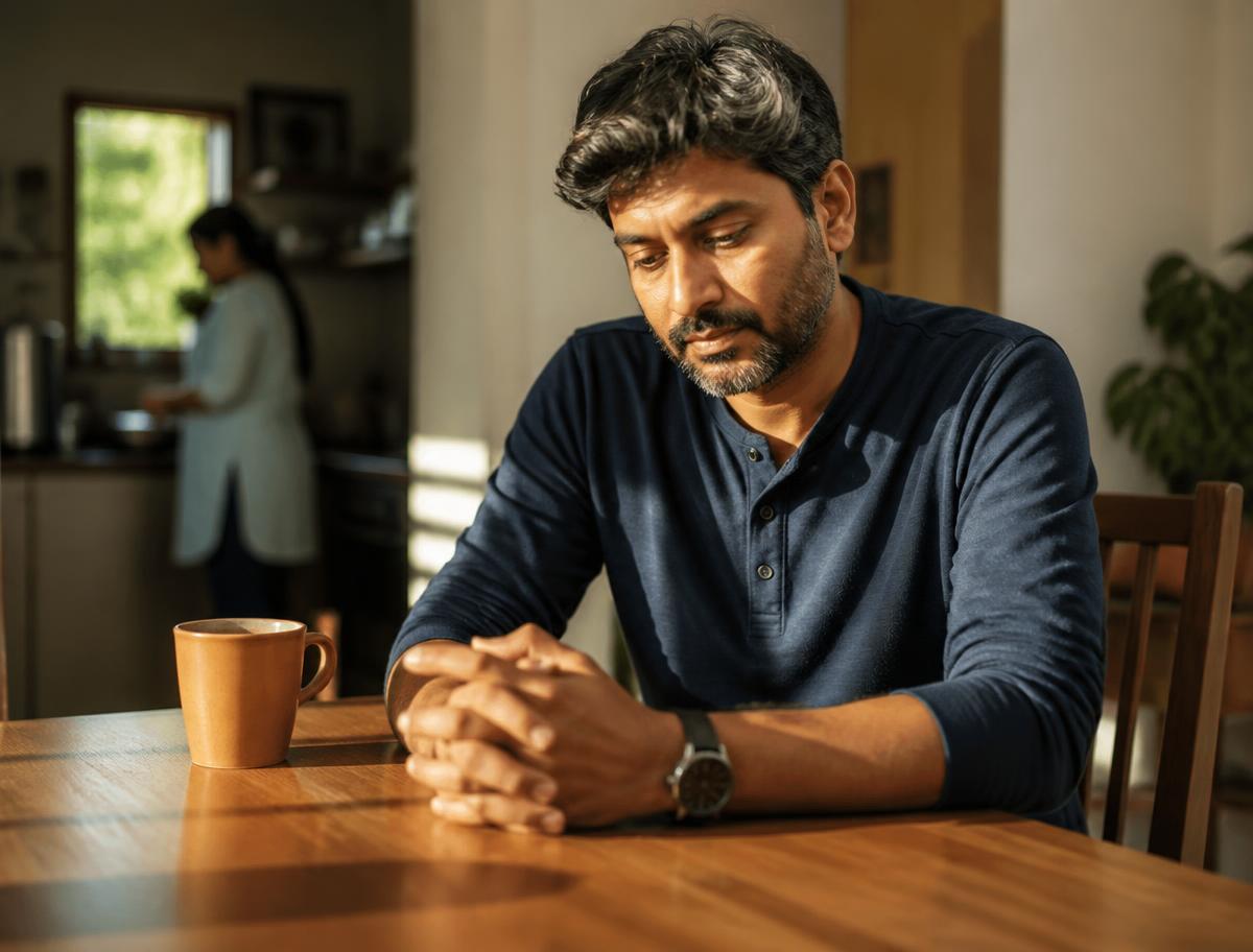 An Indian man in his forties sitting alone at a dining table with a cup of chai, pausing in quiet self-reflection