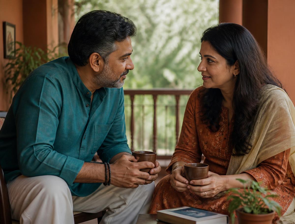 An Indian couple sitting together on a sofa, talking and holding mugs
